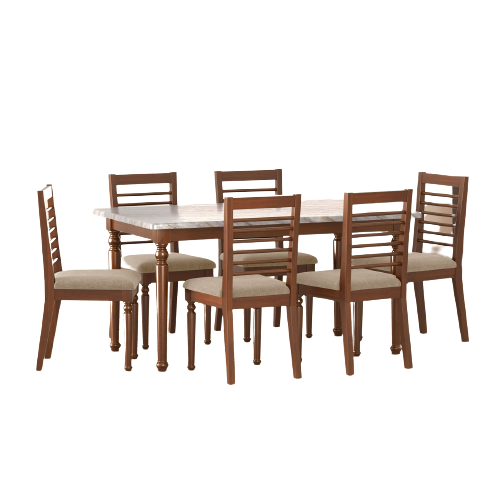 6 Chair Mahogany Wooden Marble Top Dining Table