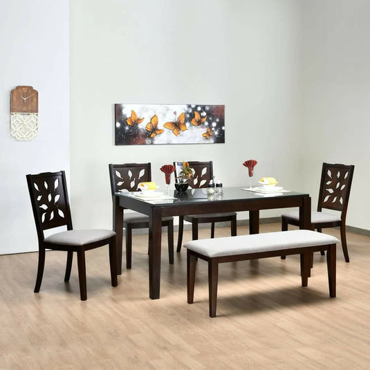 Mehgony Wooden 4 chair+ 1 Banch  Glass Top  Dining Table 5ft*3ft.