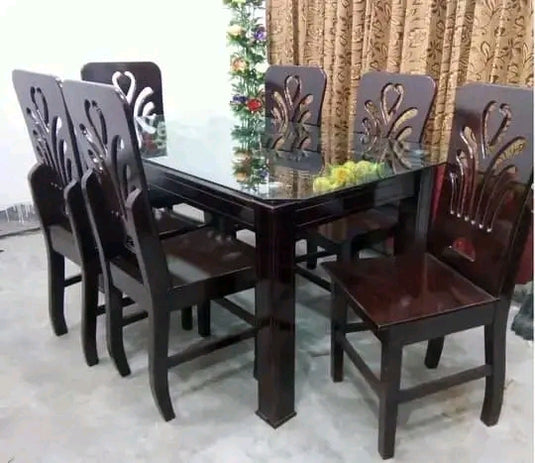 6 Chair MDF Wooden  Glass top Dining Table 5ft*3ft.