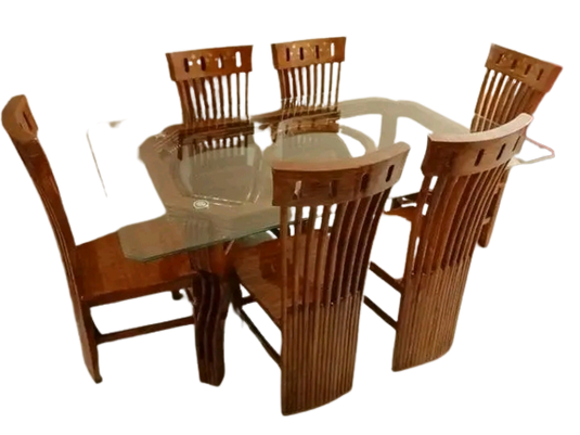 Glass Top 6 Chair Mehgony Wooden Dining Table. Victoria Design Dining Table.