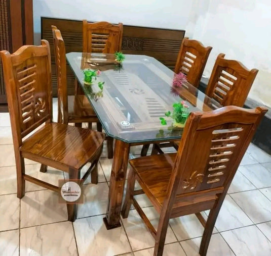 Shegun 6 Chair Glass Top Dining Table. Wooden Dining table